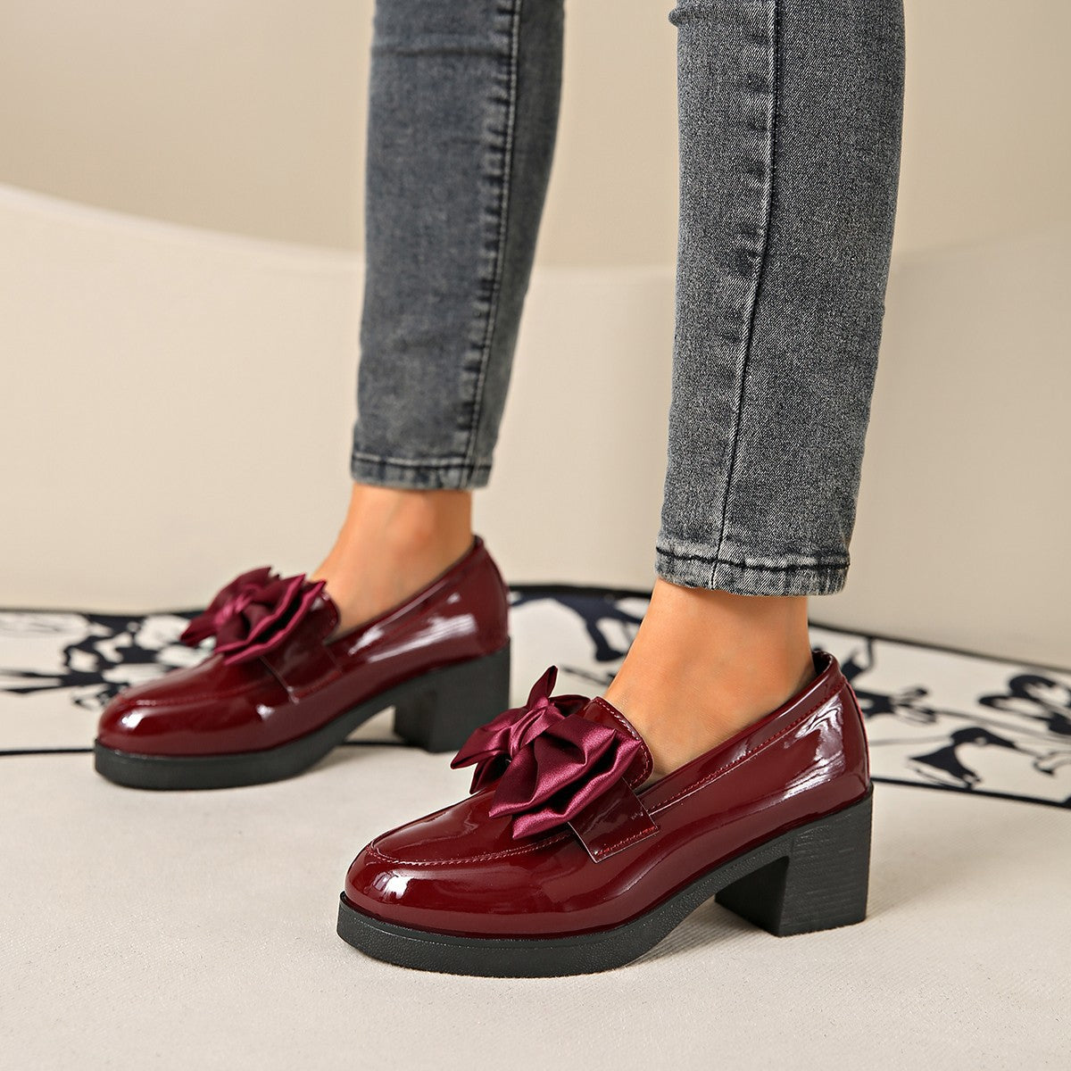 Women's Plus Size Bowknot Leather Shoes with Chunky Heel Platform