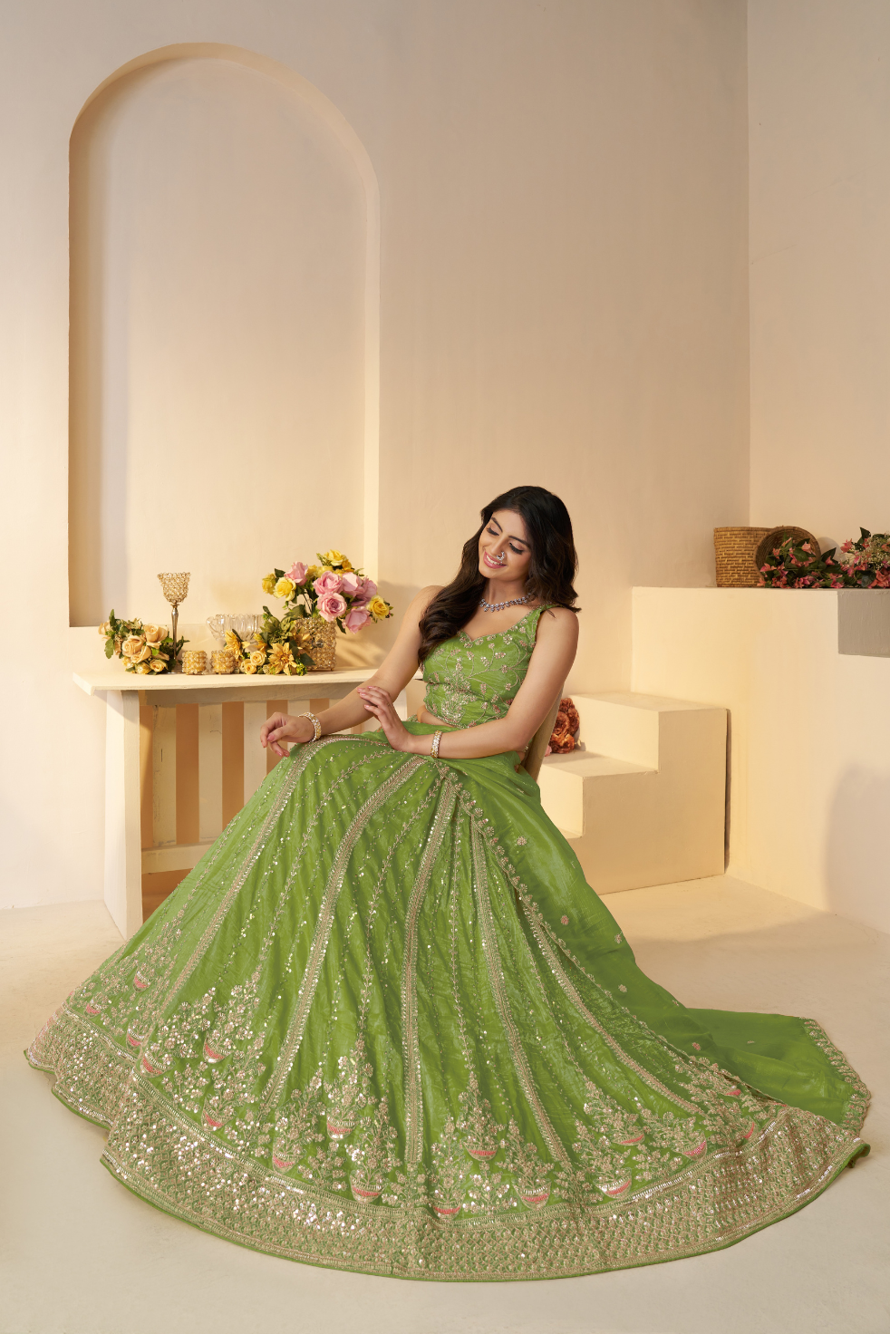 Mehendi Function Lehenga with Sequin and Cut Dana Work for Brides - qivii