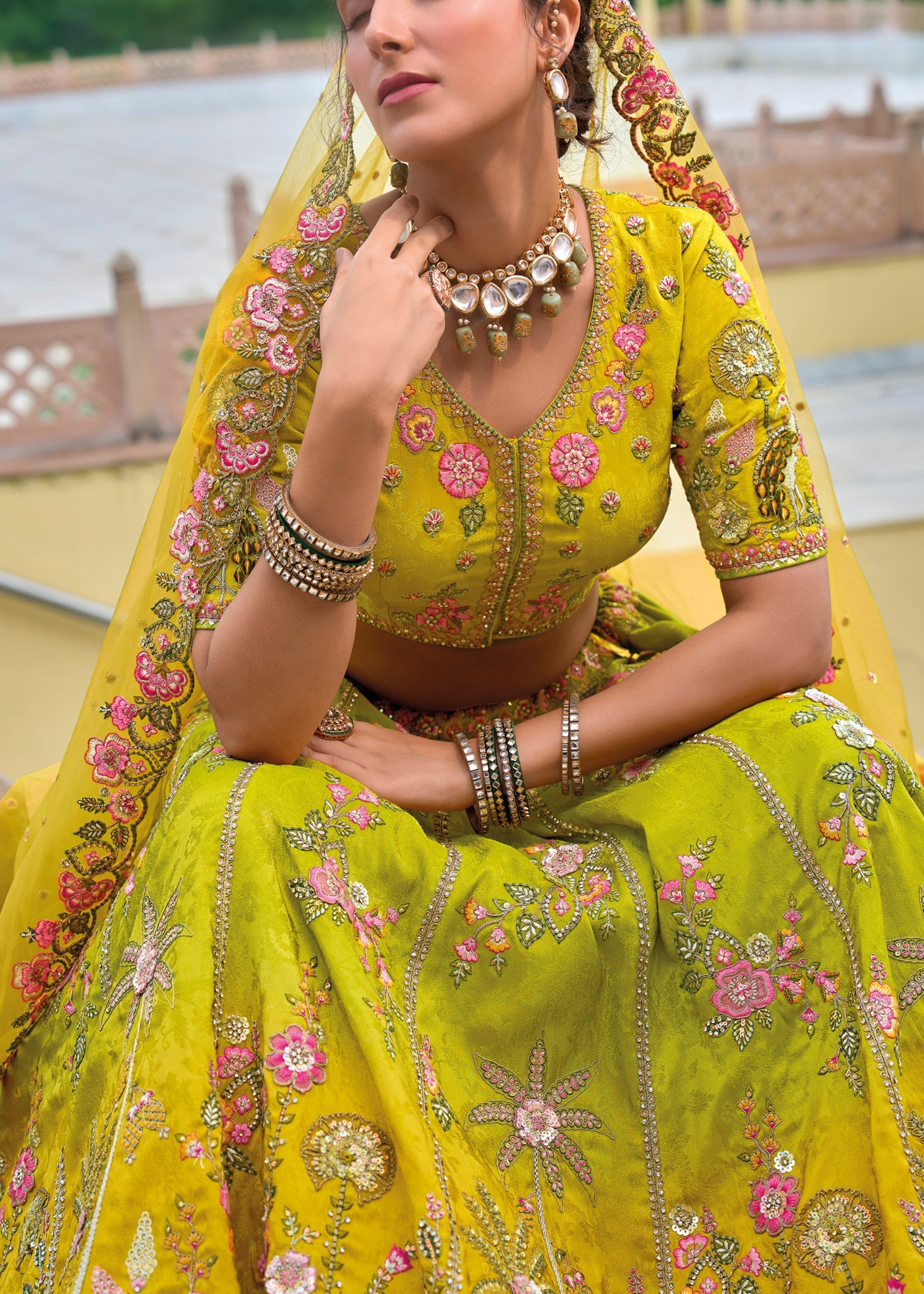 Cadmium Yellow and Green Viscose Tissue Lehenga Choli with Embroidery Work | Ready To Wear - qivii