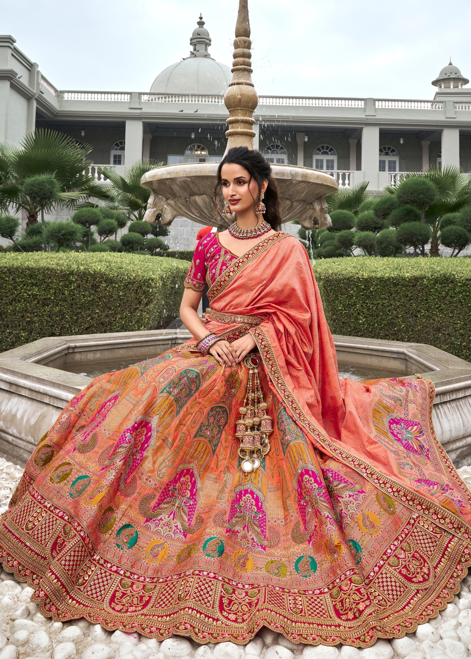 Orange & Pink Banarasi Silk Lehenga with Zarkan Codding work | Ready To Wear - qivii