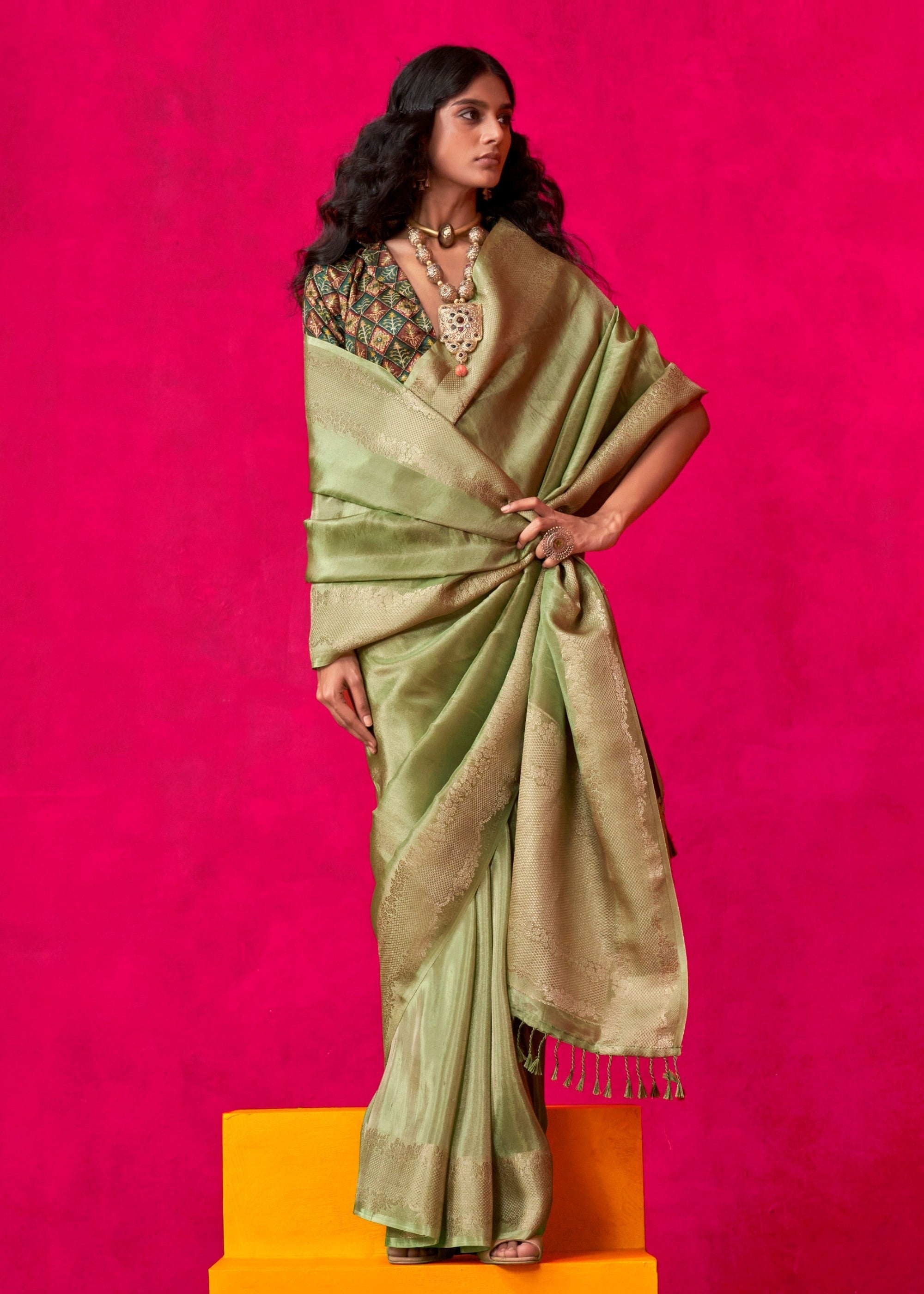 Bud Green Zari Tissue Silk Saree With Weaving Border - qivii