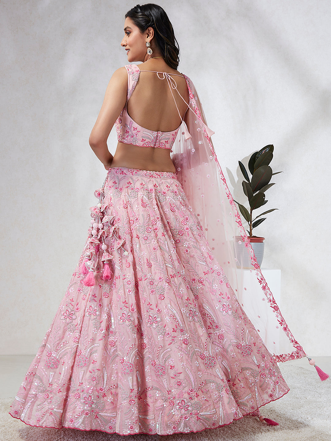 Pink - Georgette Sequins and thread embroidery Semi-Stitched Lehenga choli - qivii