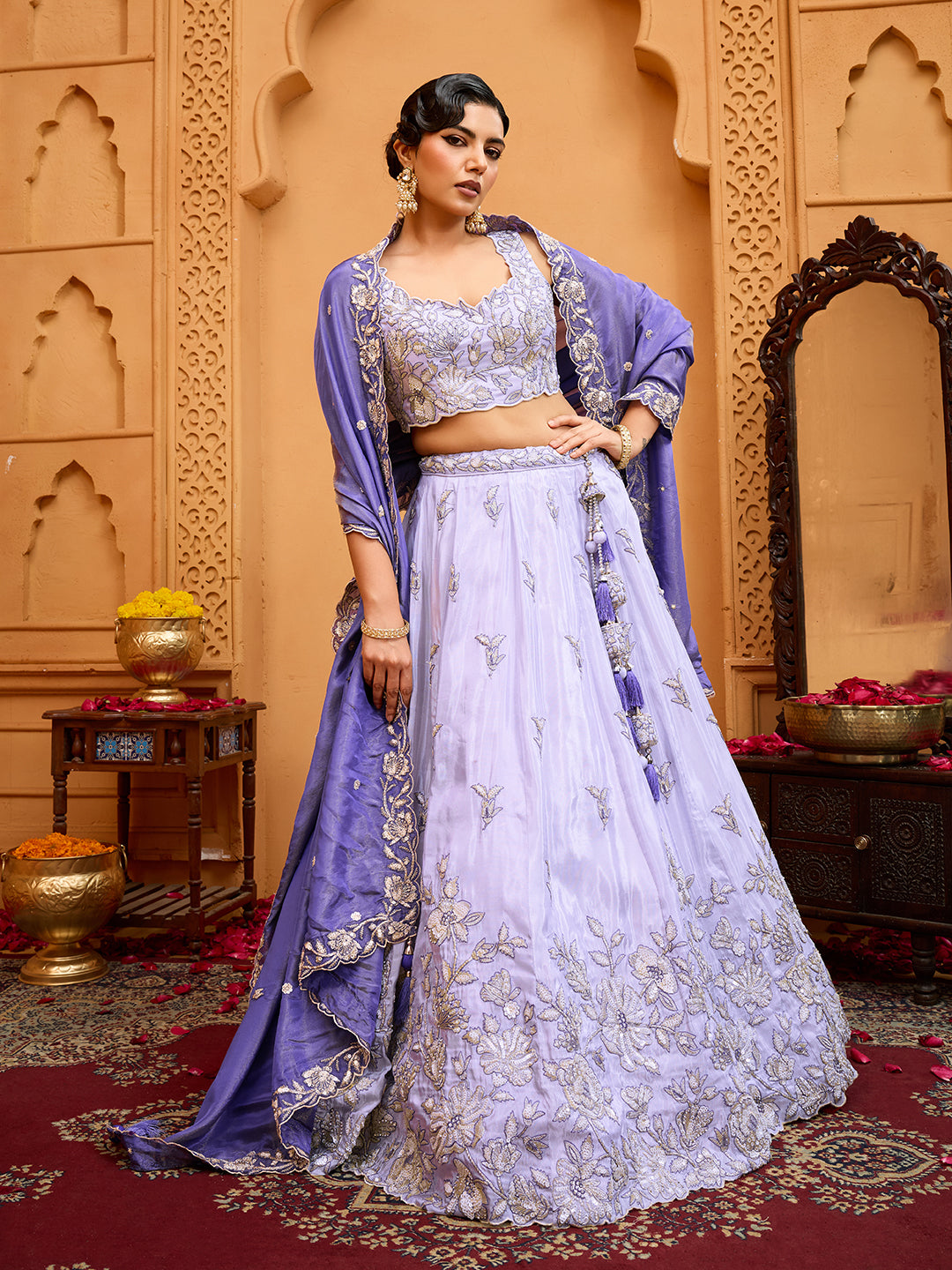 Lavender- Tissue Fabric Sequins embroidery Semi-Stitched Lehenga & Unstitched Blouse With Dupatta - qivii