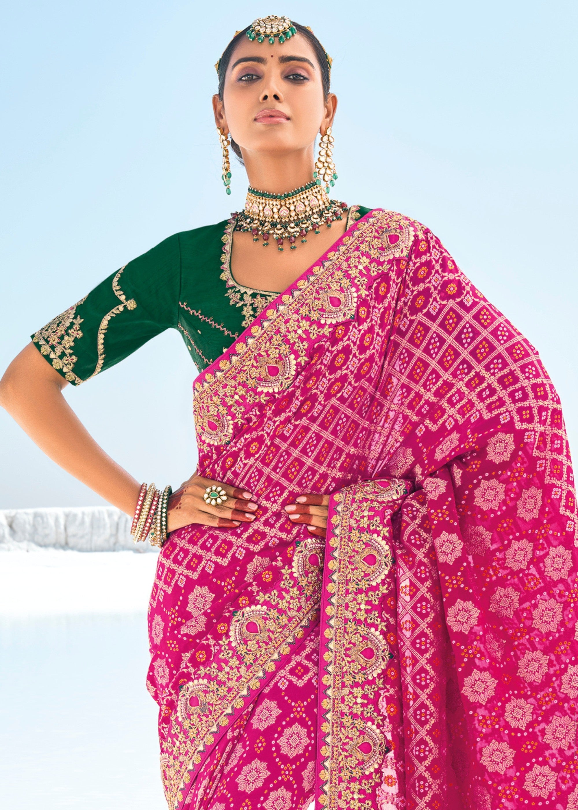 Hot Pink Pure Georgette Bandhani Patola With Zari Weaving Heavy Work Saree - qivii