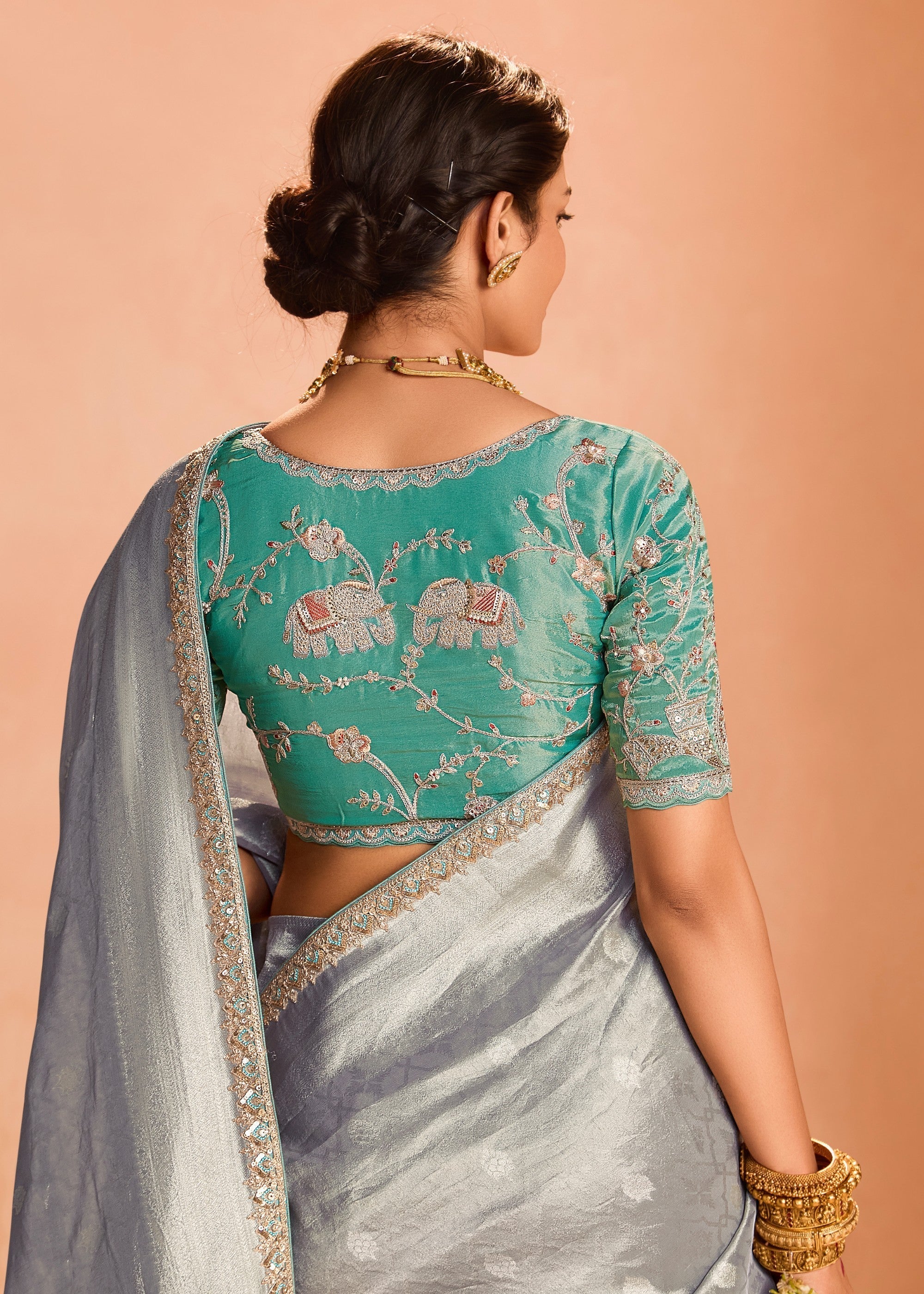 Silver Zari Tissue Silk Saree With Weaving Work And Heavy Embroidery Lace - qivii