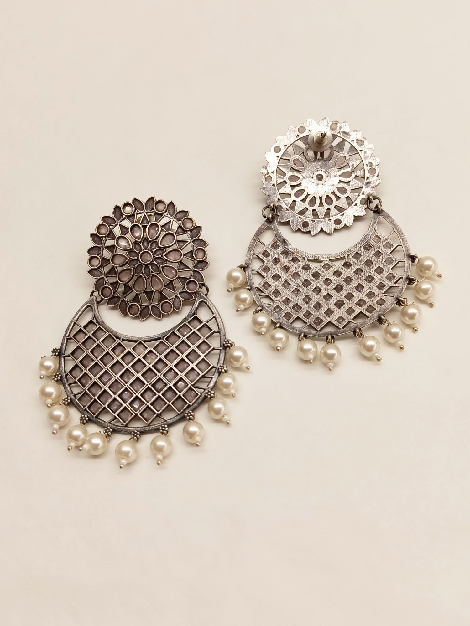 Ajisha Baby Pink Oxidised Chandbali - qivii