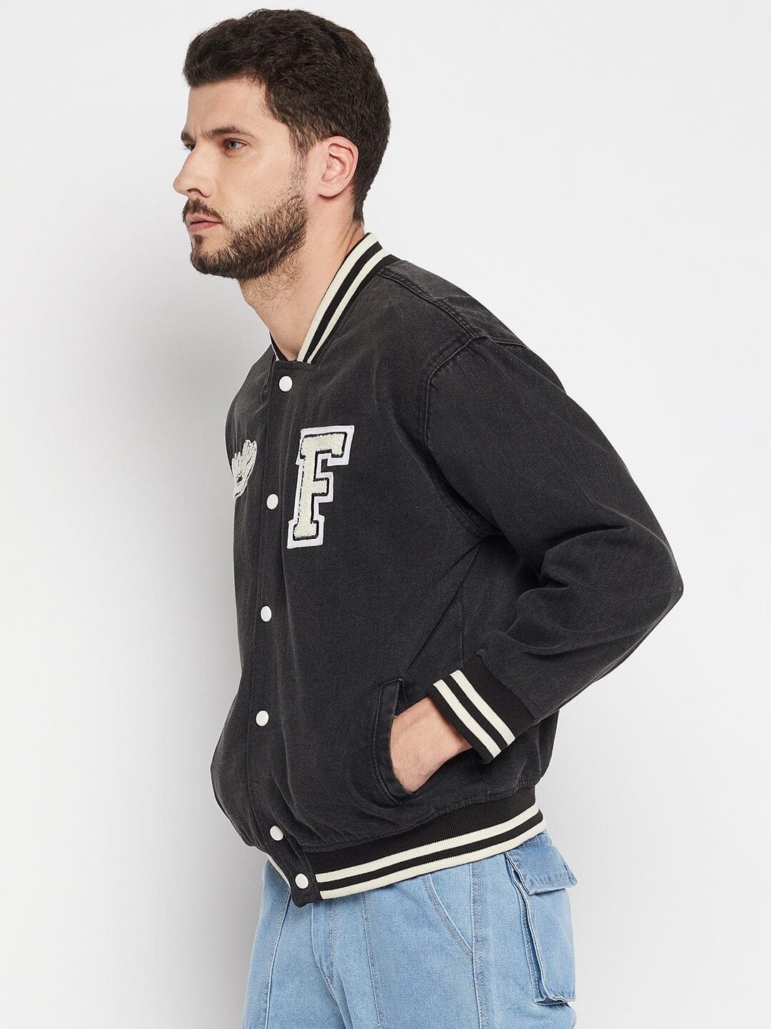 Grey Denim Varsity Jacket