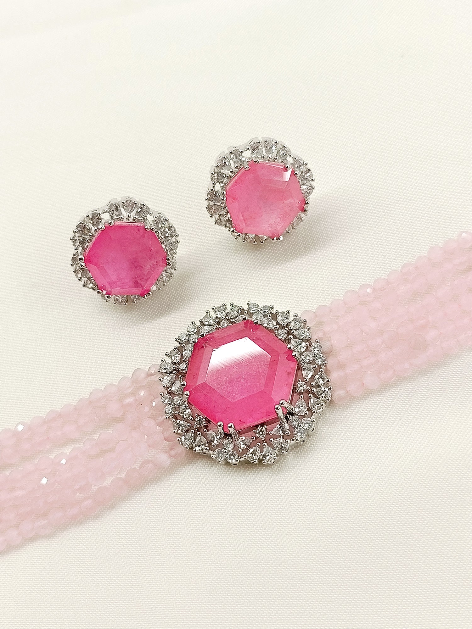 Ravee Baby Pink American Diamond Choker Set - qivii