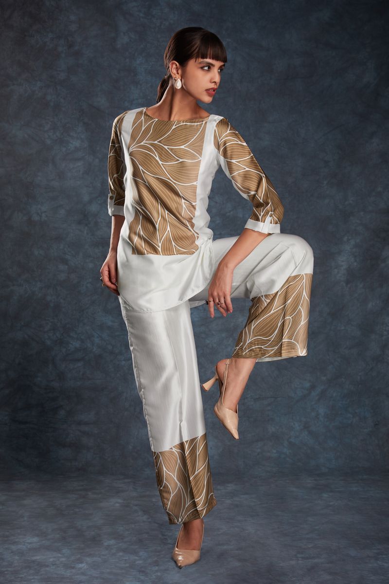 WHITE LINEN SATIN PRINTED TOP,PANT CO-ORD SET - qivii