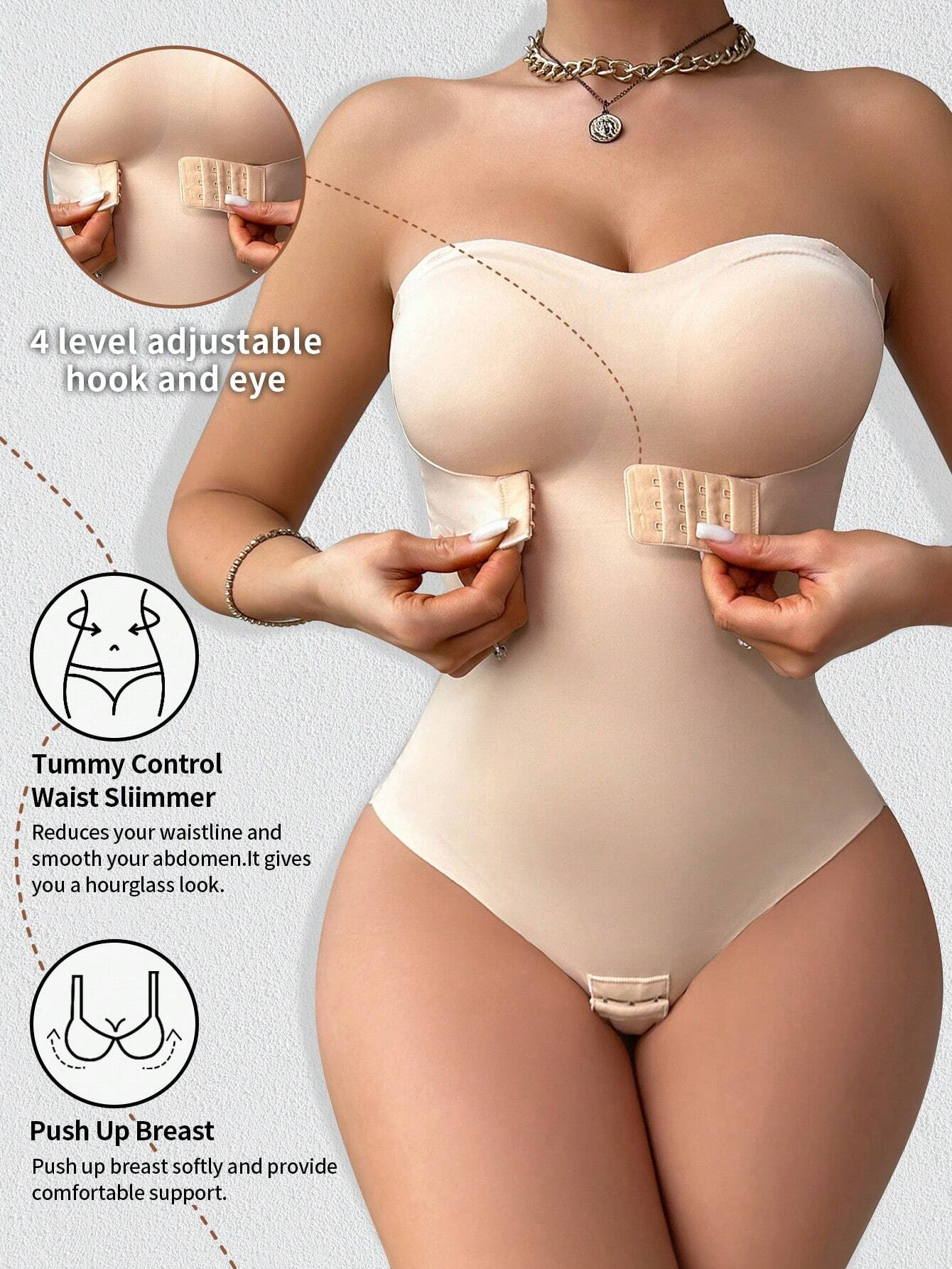 Women's Strapless Tummy Control One Piece Seamless Thong Shapewear Bodysuits - By Qivii