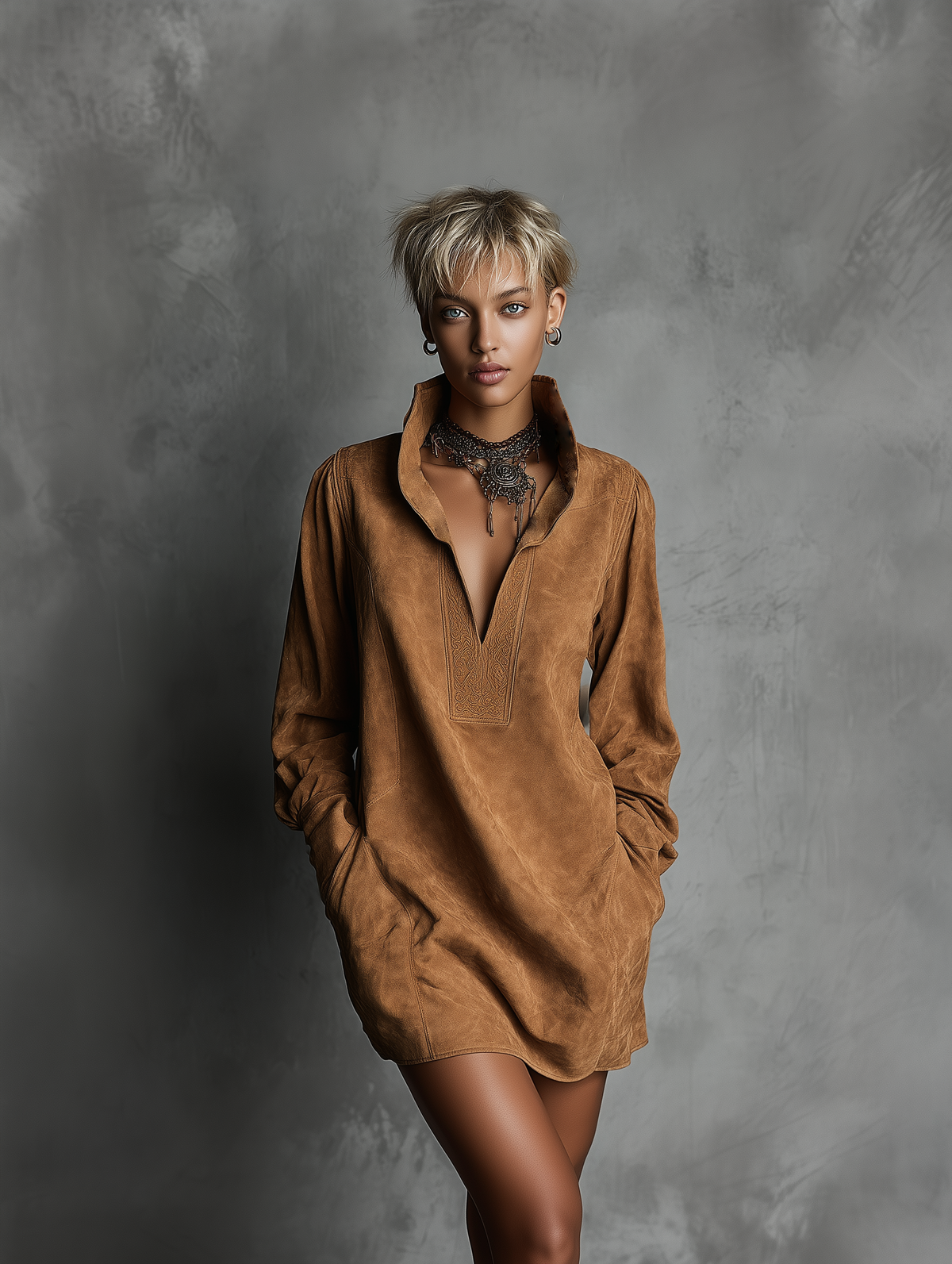Women's V-neck Suede Embossed Long-sleeved Casual Dress MDA0483K5AN