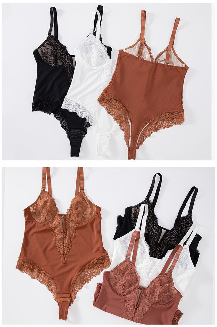 Sexy Lace Deep-V Neck Bodysuits - By Qivii