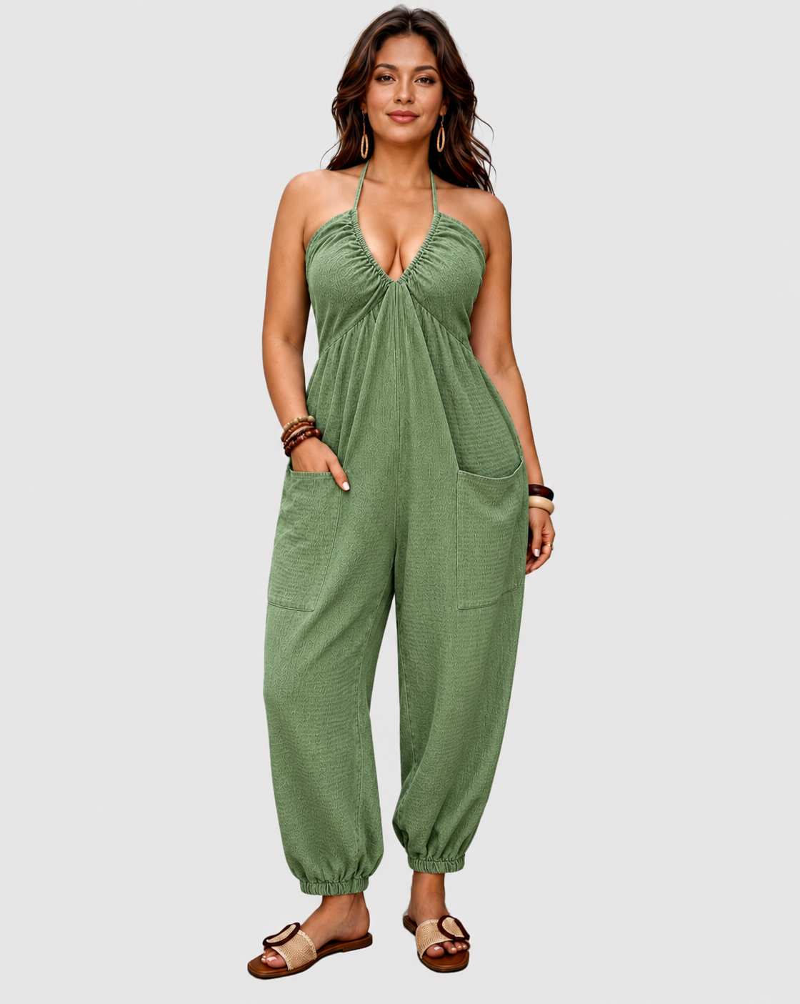 Halter Backless Ruched Pocket Jogger Jumpsuit - By Qivii