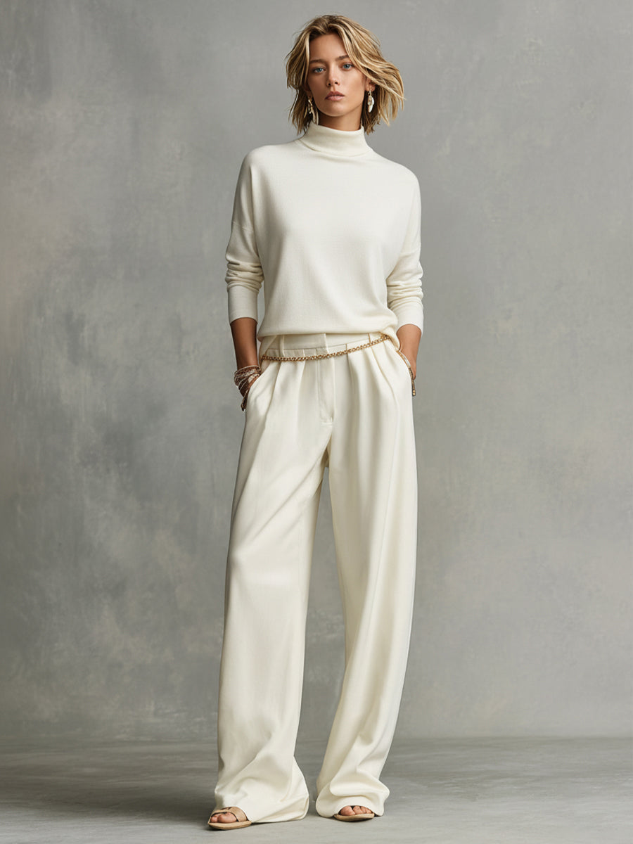 Women's Ivory Soft Knit Turtleneck with Oversized Silhouette & High Neck, Contemporary Effortless-Chic Style Top MDA1522K5I