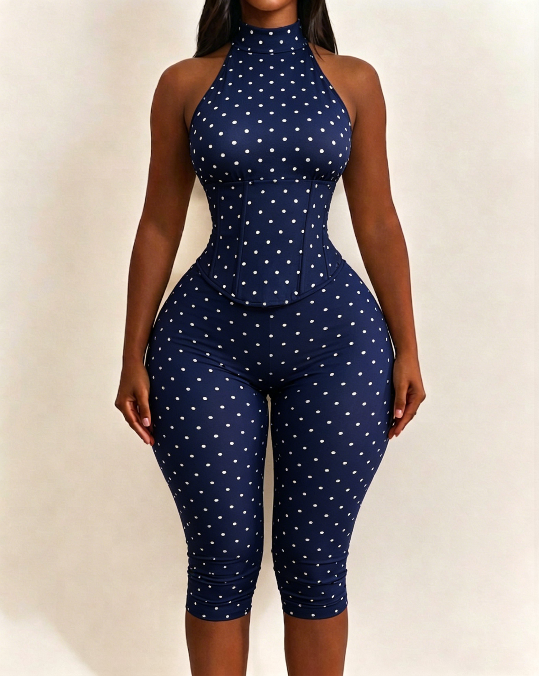 Polka Dot Halter Neck Hourglass Capri Jumpsuit with Detachable Corset Two-Piece Set - By Qivii