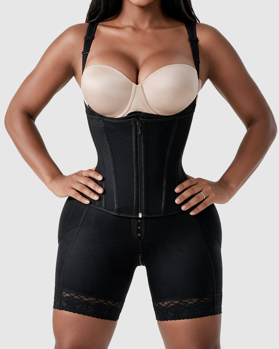 Double Compression Steel Mid-Thigh Shapewear with Boned Corset Faja