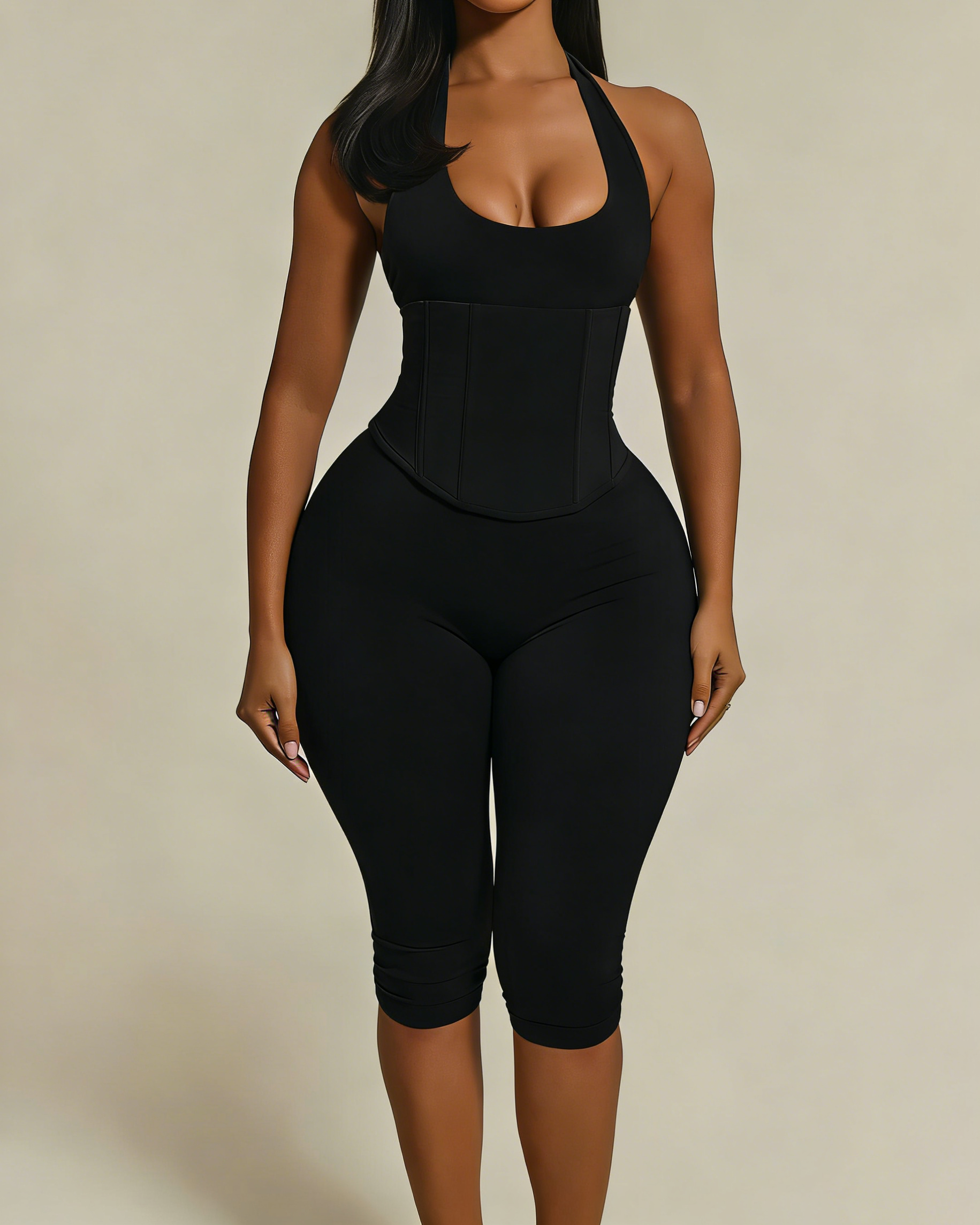 Hourglass Figure The Corset Body Shaper Waist Cincher Capri Jumpsuit Two-Piece Set - By Qivii