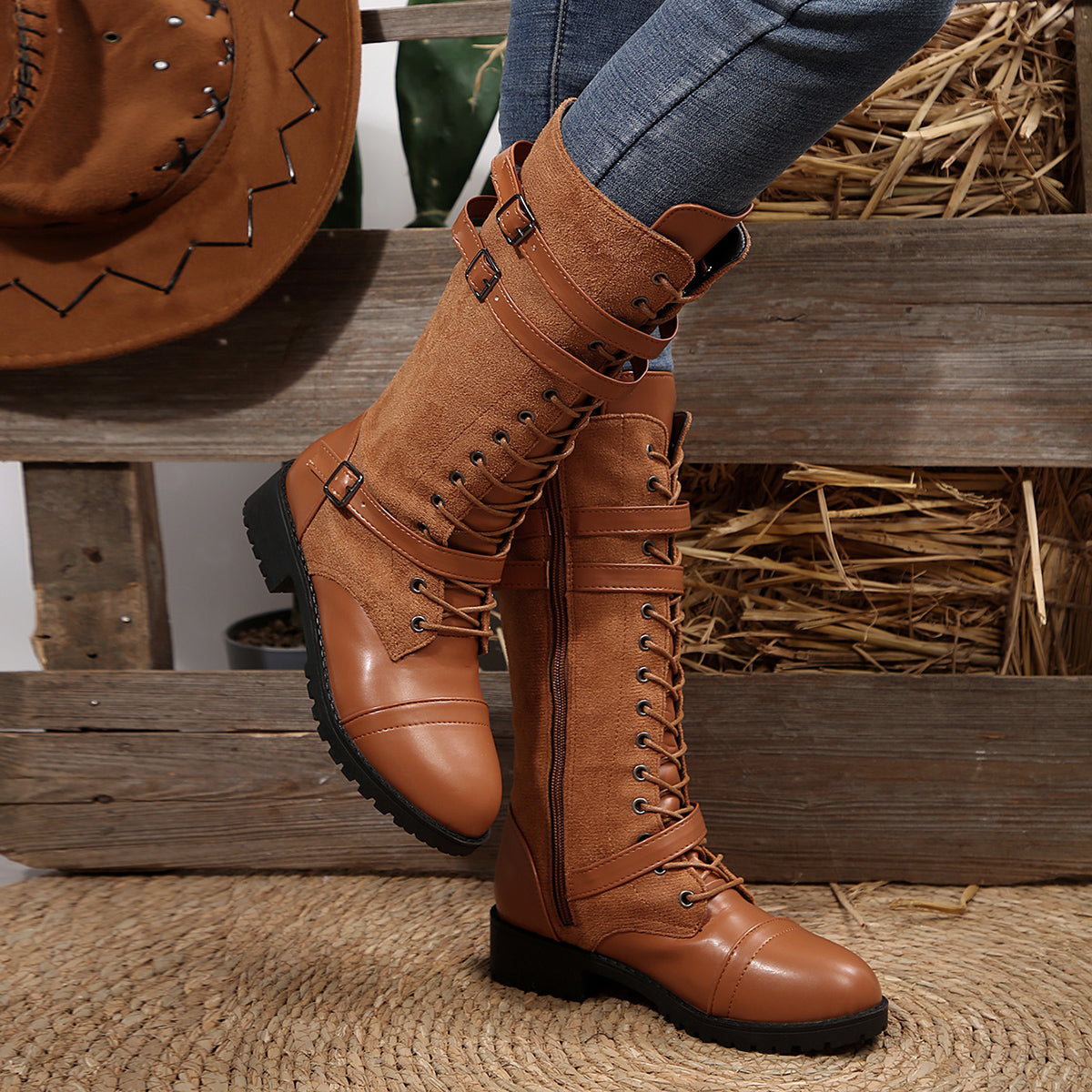 Women's Rogue Riding Boots - PU & Denim Lace-Up Combat Boots (US 5-10.5)