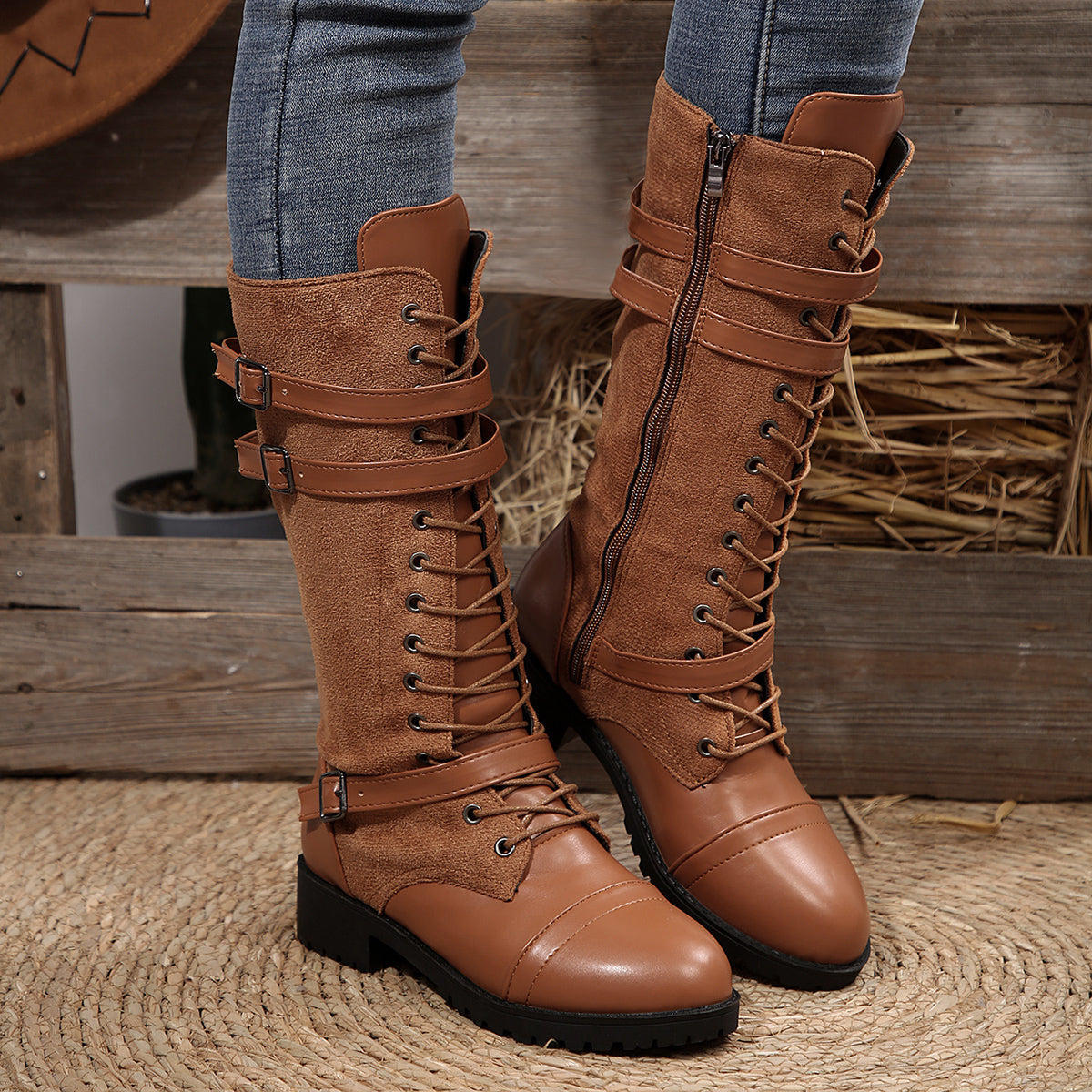Women's Rogue Riding Boots - PU & Denim Lace-Up Combat Boots (US 5-10.5)