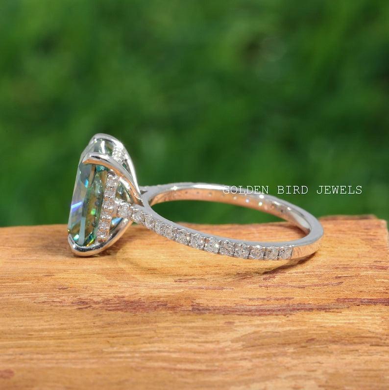 4.50 Carat Blue Green Elongated Cushion Cut Moissanite Ring / Hidden Halo Engagement Ring In 14K White Gold / Ring Gift For Someone Special - qivii