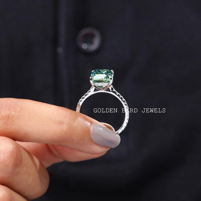 4.50 Carat Blue Green Elongated Cushion Cut Moissanite Ring / Hidden Halo Engagement Ring In 14K White Gold / Ring Gift For Someone Special - qivii