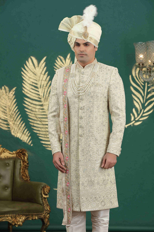 Men's Art Silk Thread Work Sherwani Set In Lemon Color