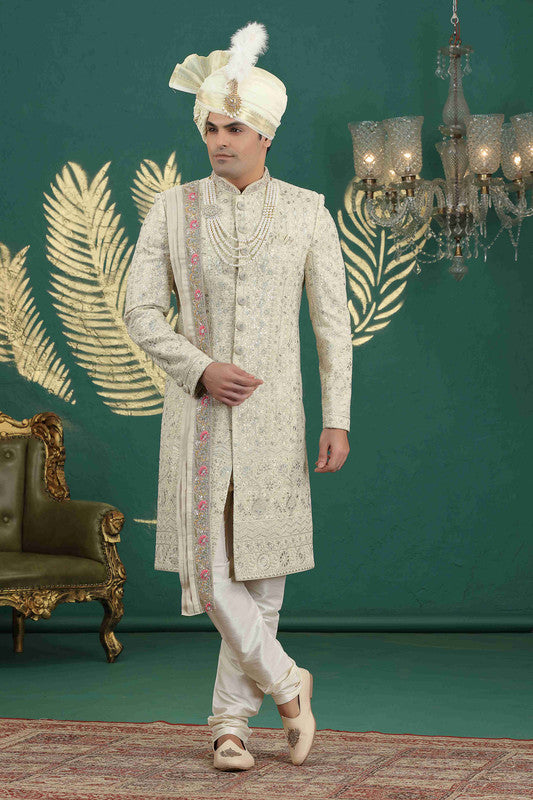 Men's Art Silk Thread Work Sherwani Set In Lemon Color