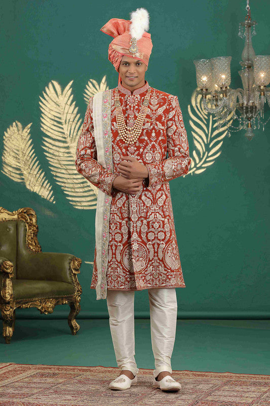 Men's Art Silk Thread Work Sherwani Set In Light Red Color