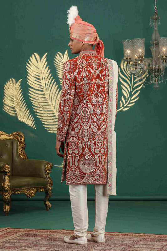 Men's Art Silk Thread Work Sherwani Set In Light Red Color