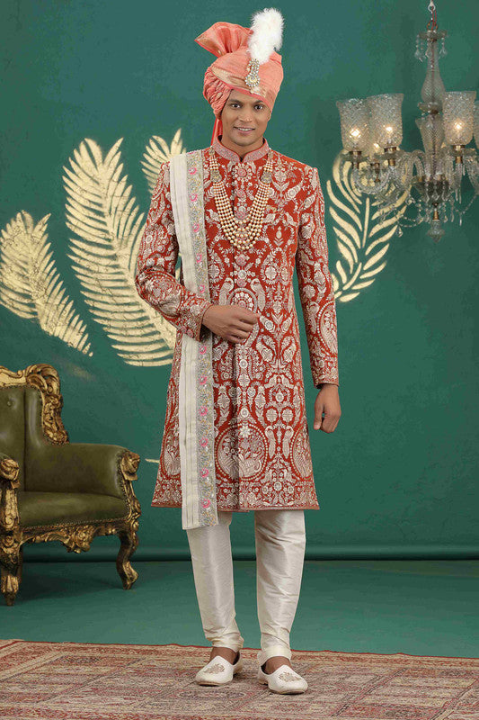 Men's Art Silk Thread Work Sherwani Set In Light Red Color
