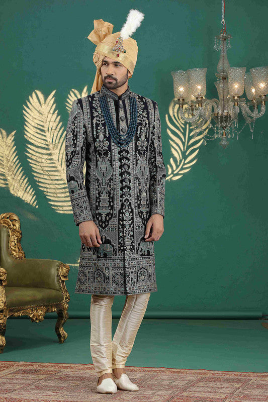 Men's Art Silk Thread Work Sherwani Set In Navy Blue Color