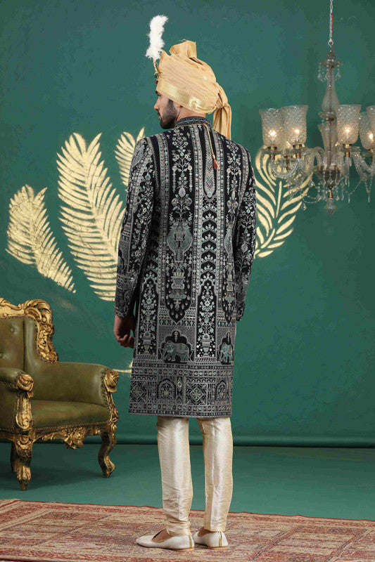 Men's Art Silk Thread Work Sherwani Set In Navy Blue Color