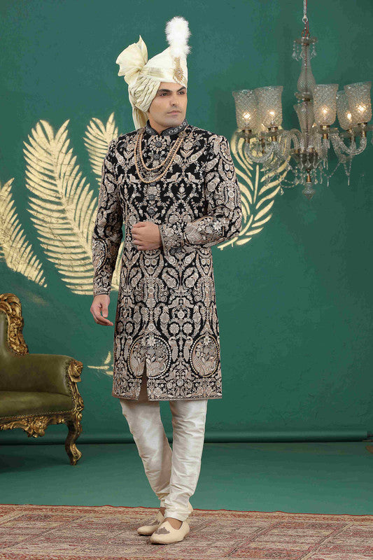 Men's Art Silk Thread Work Sherwani Set In Black Gold Color
