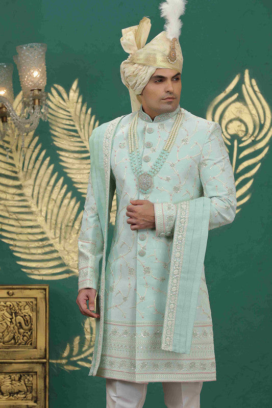 Men's Art Silk Thread Work Sherwani Set In Pista Green Color