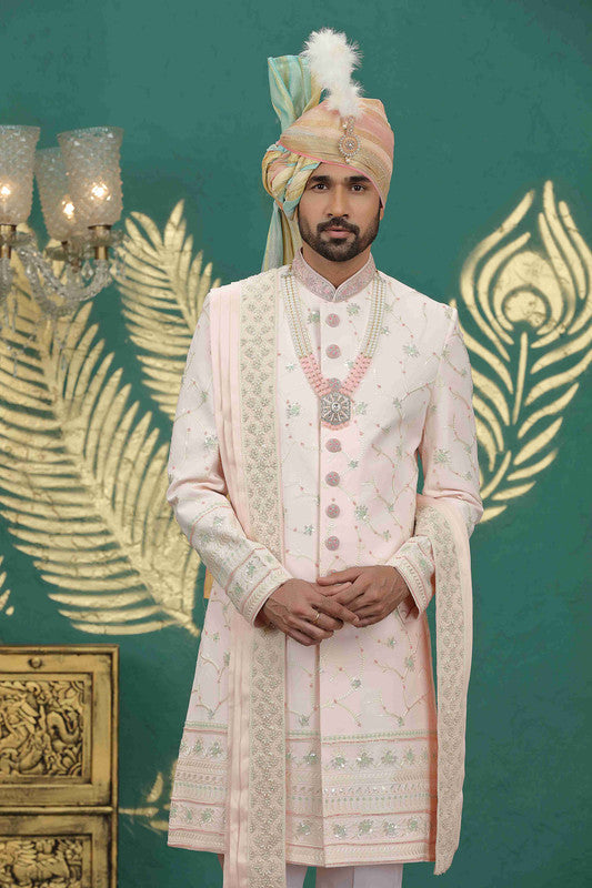 Men's Art Silk Thread Work Sherwani Set In Light Pink Color