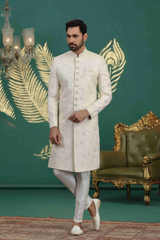 Men's Art Silk Thread Work Sherwani Set In Cream Color