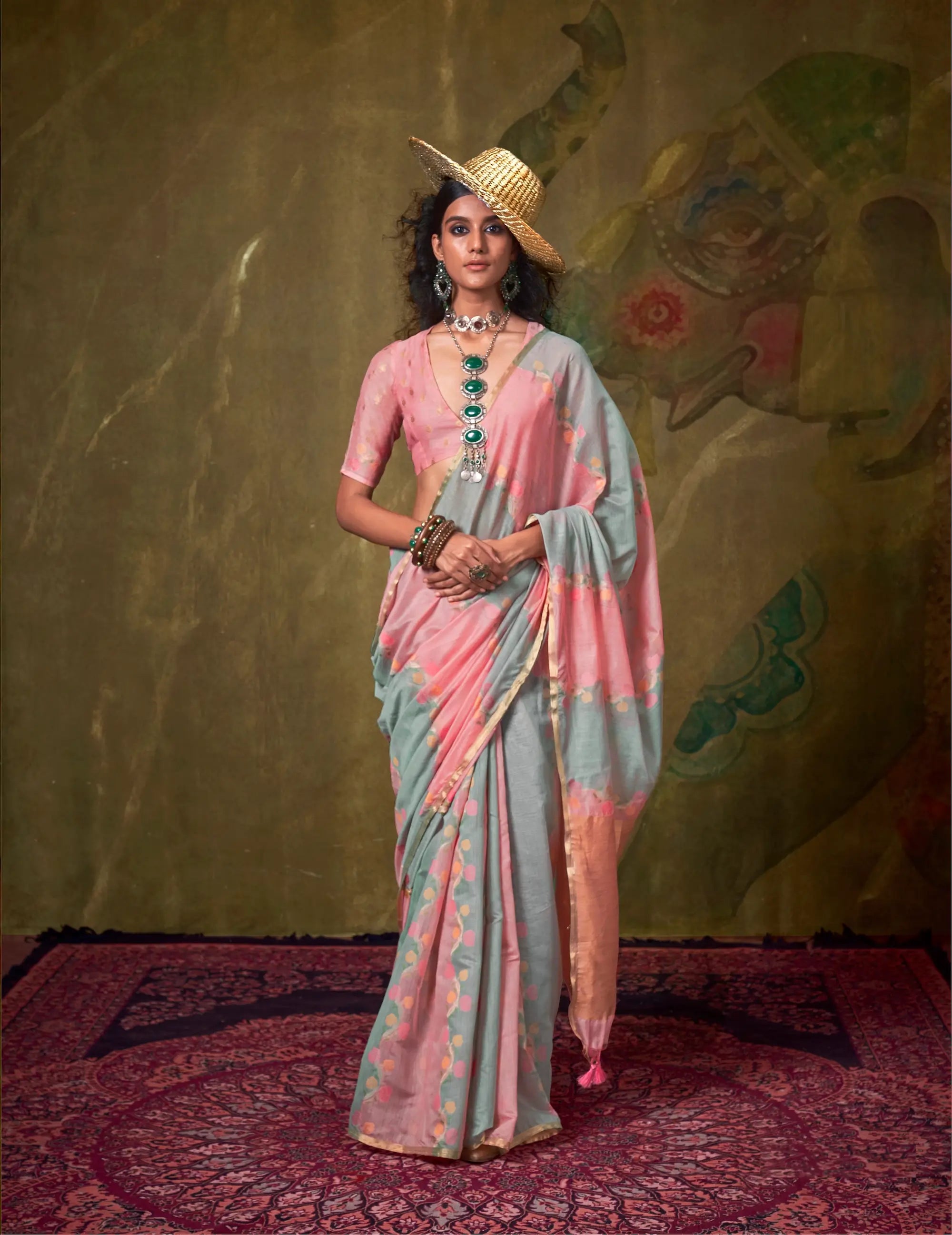 Light Pink-Grey Spun Rangkaat Weaving Handloom Silk Saree - qivii