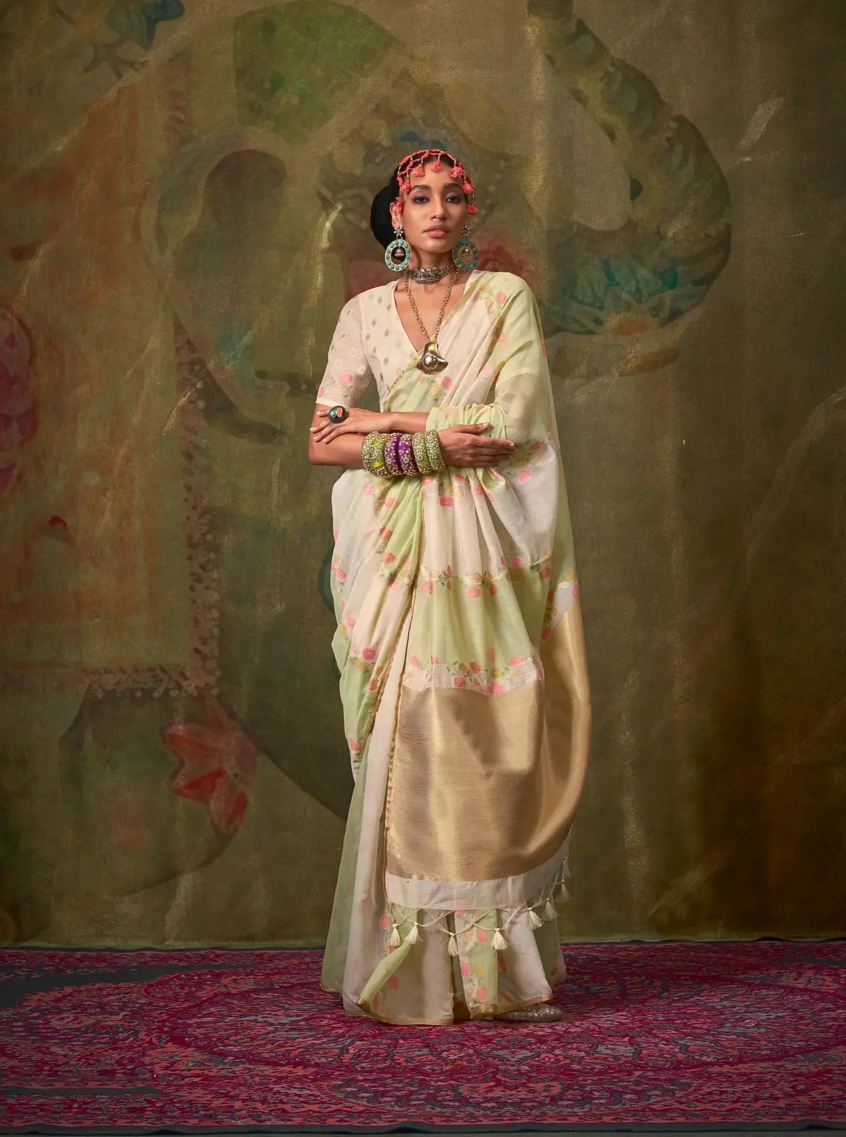 Beige-Light Green Spun Rangkaat Weaving Handloom Silk Saree - qivii