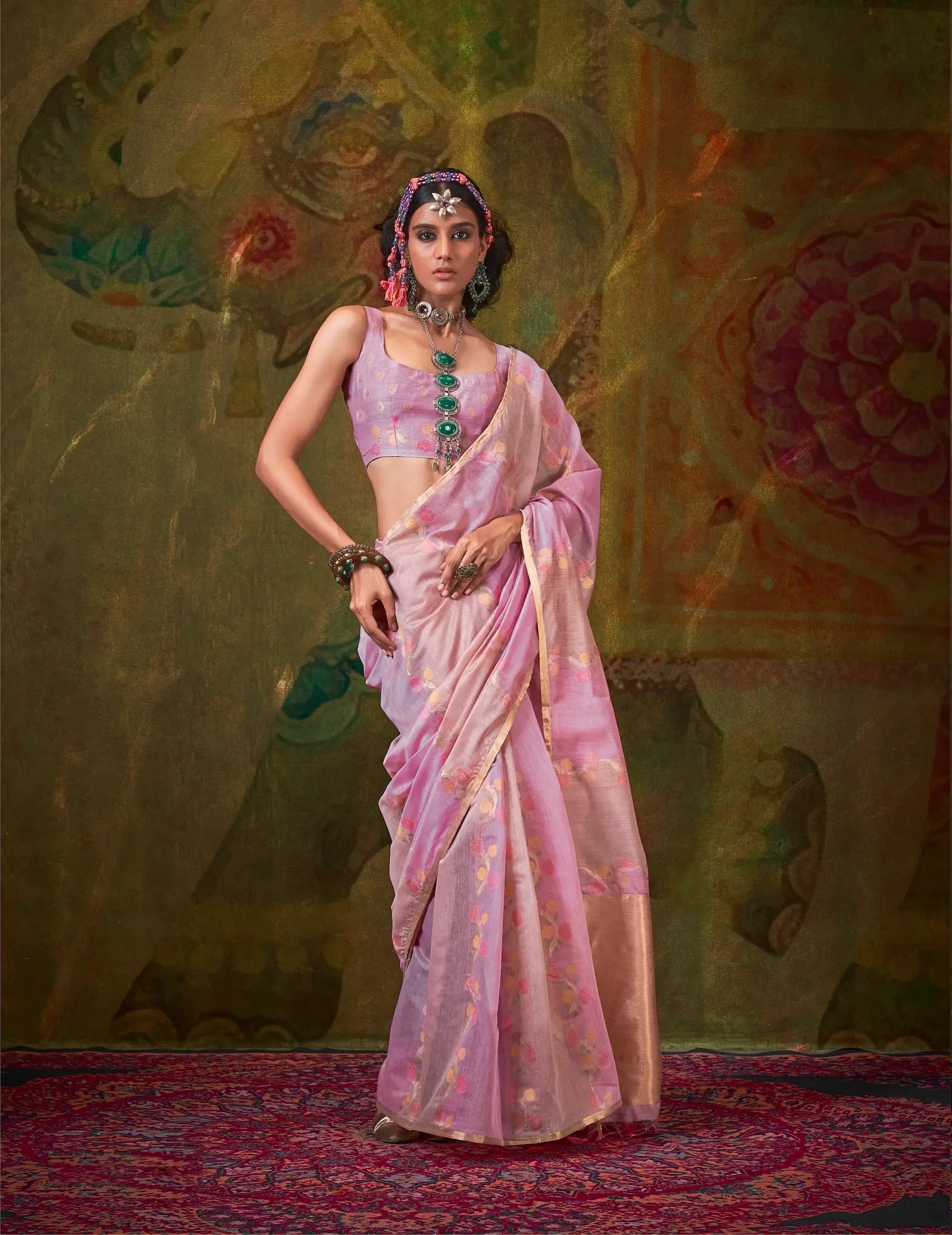Lavender-Light Pink Spun Rangkaat Weaving Handloom Silk Saree - qivii