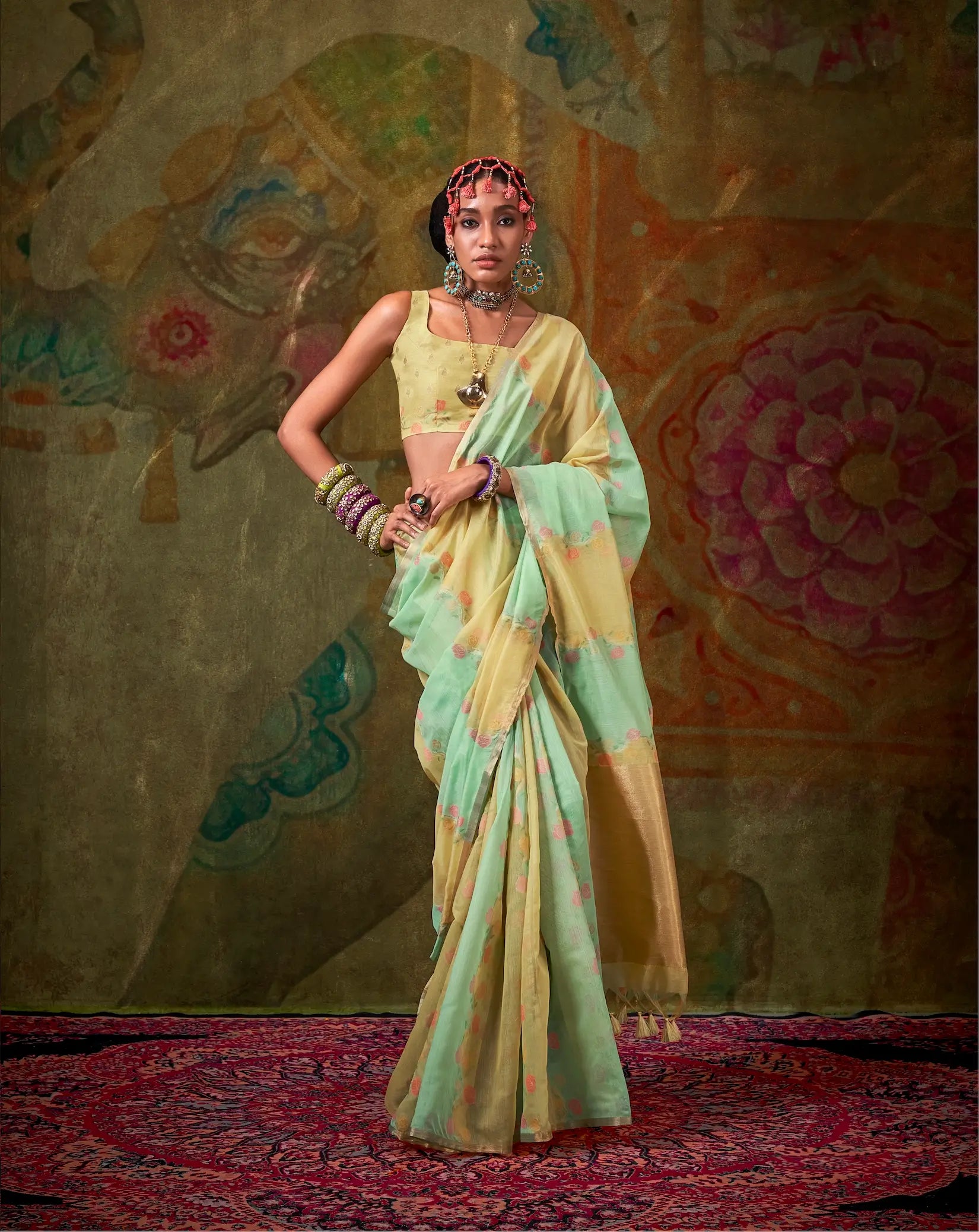 Yellow-Light Green Spun Rangkaat Weaving Handloom Silk Saree - qivii