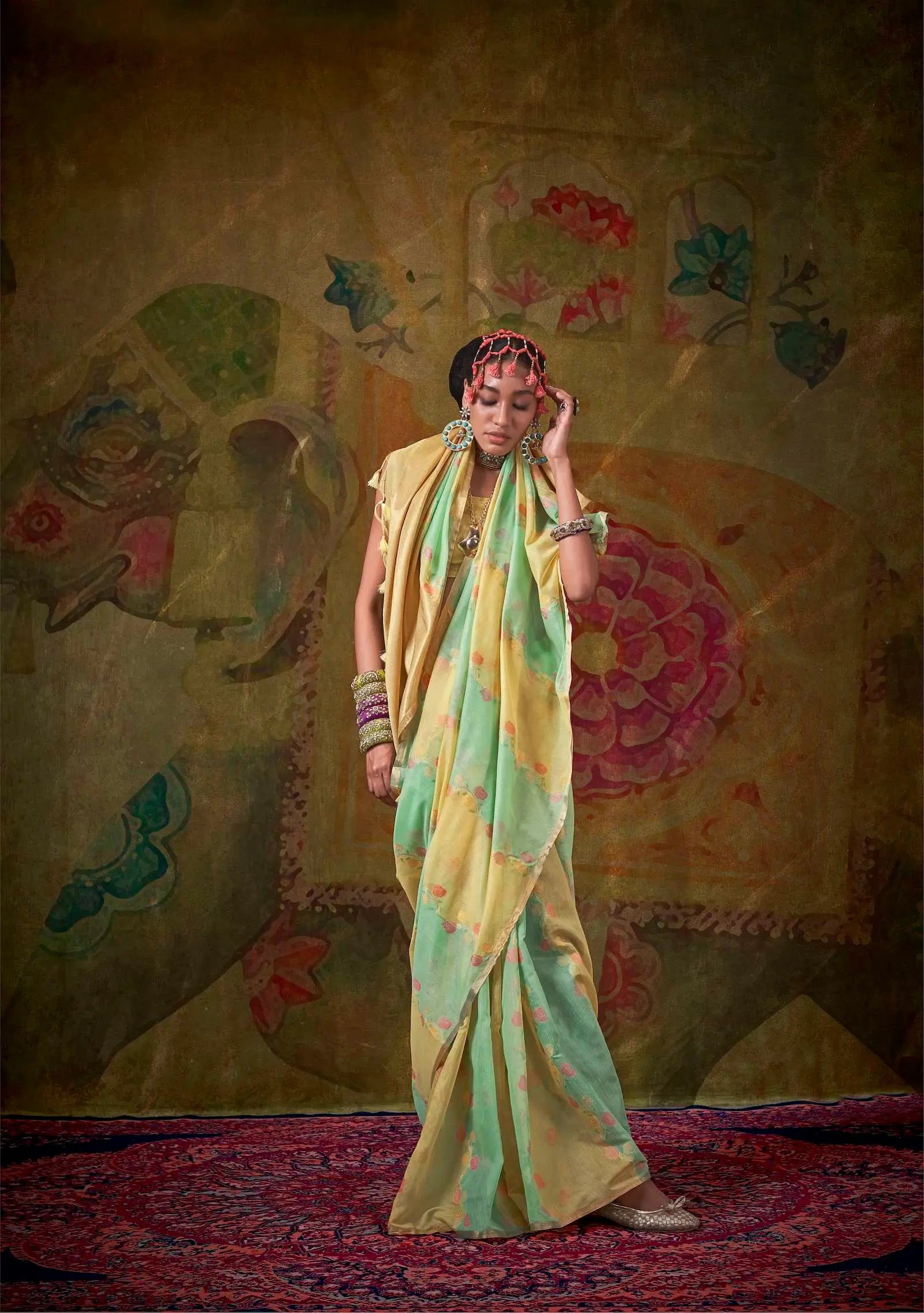 Yellow-Light Green Spun Rangkaat Weaving Handloom Silk Saree - qivii