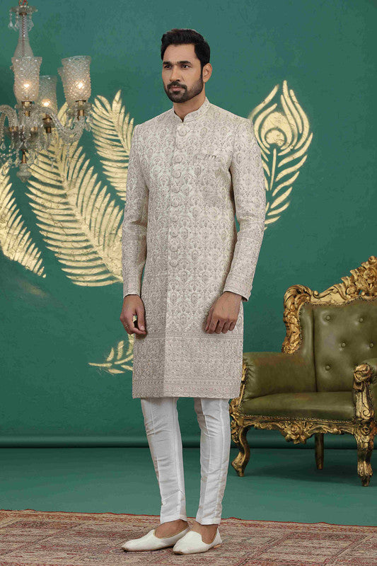 Men's Art Silk Thread Work Sherwani Set In Beige Color