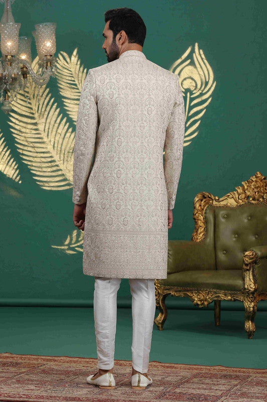 Men's Art Silk Thread Work Sherwani Set In Beige Color
