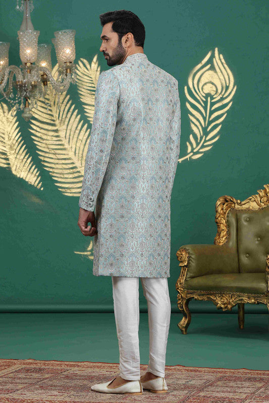 Men's Art Silk Thread Work Sherwani Set In Slate Blue Color