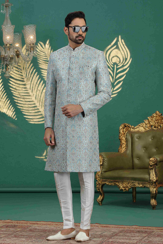 Men's Art Silk Thread Work Sherwani Set In Slate Blue Color