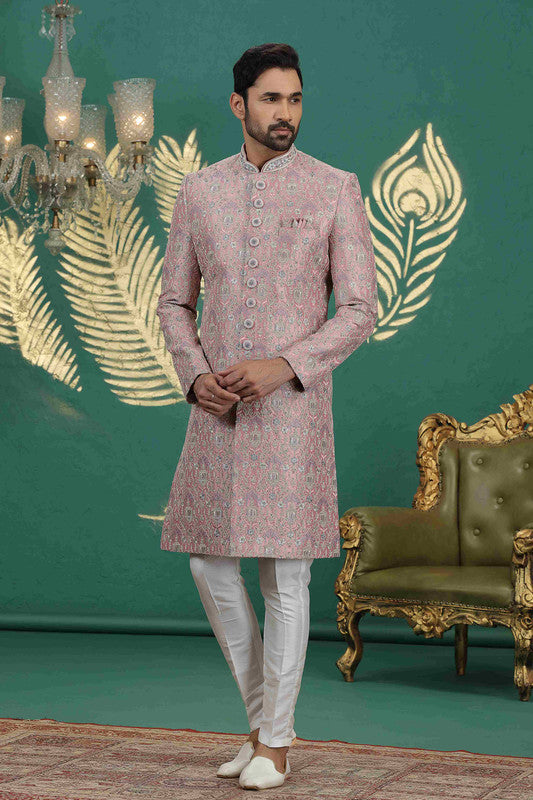 Men's Art Silk Thread Work Sherwani Set In Onion Pink Color
