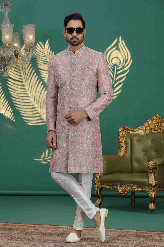 Men's Art Silk Thread Work Sherwani Set In Onion Pink Color