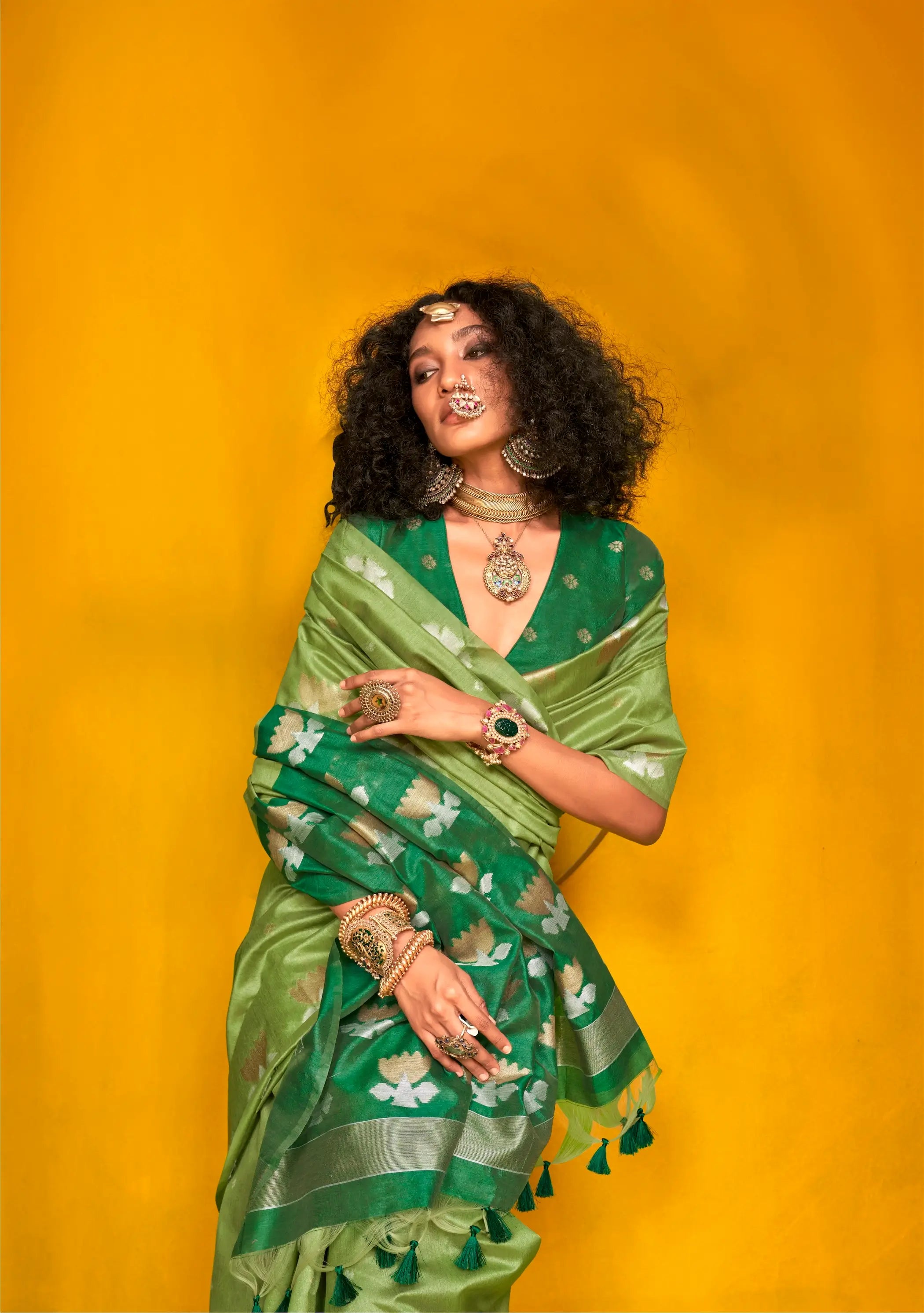 Parrot Green Tussar Silk Zari Weaving Work Saree