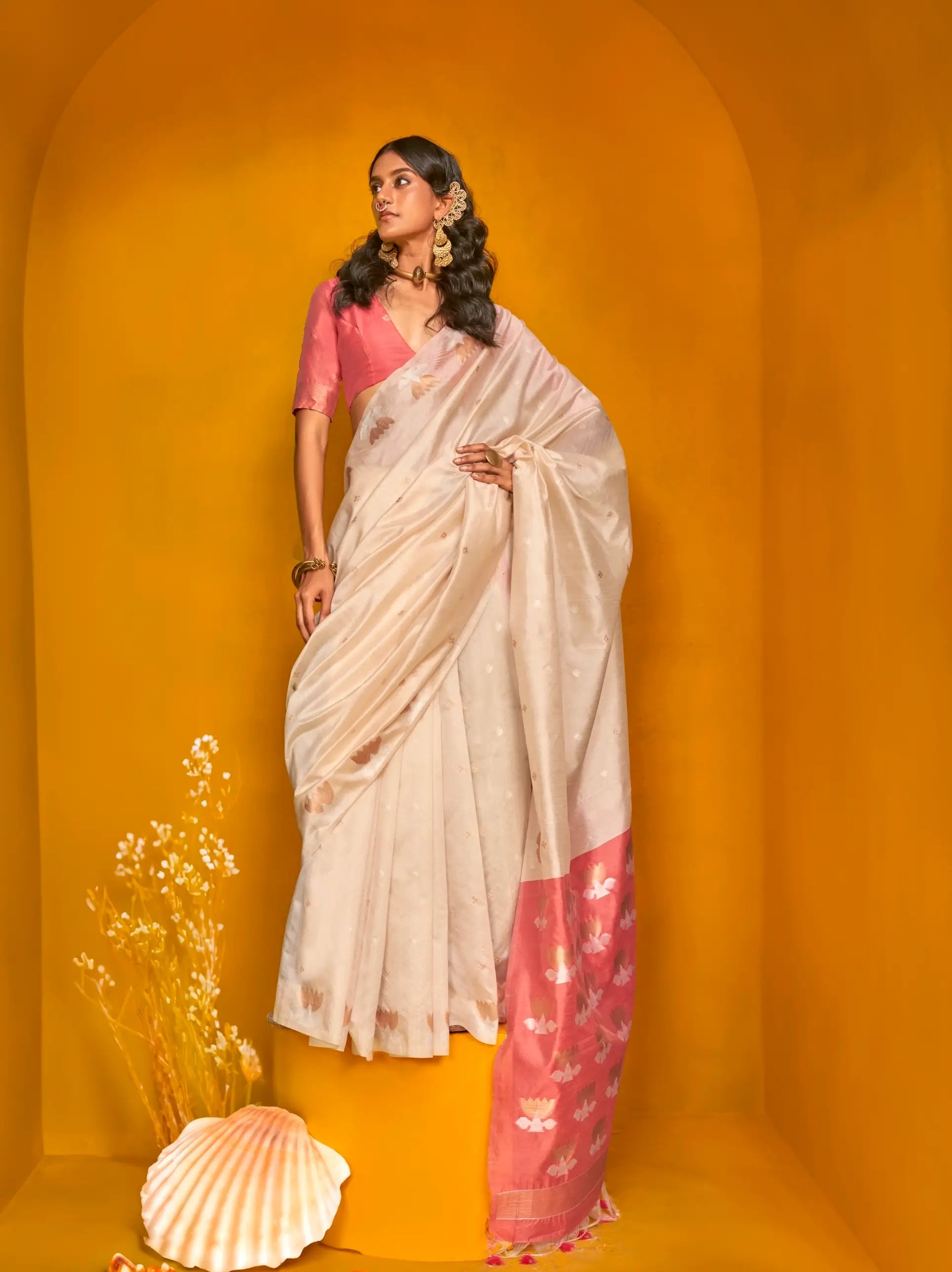 Beige Tussar Silk Zari Weaving Work Saree - qivii