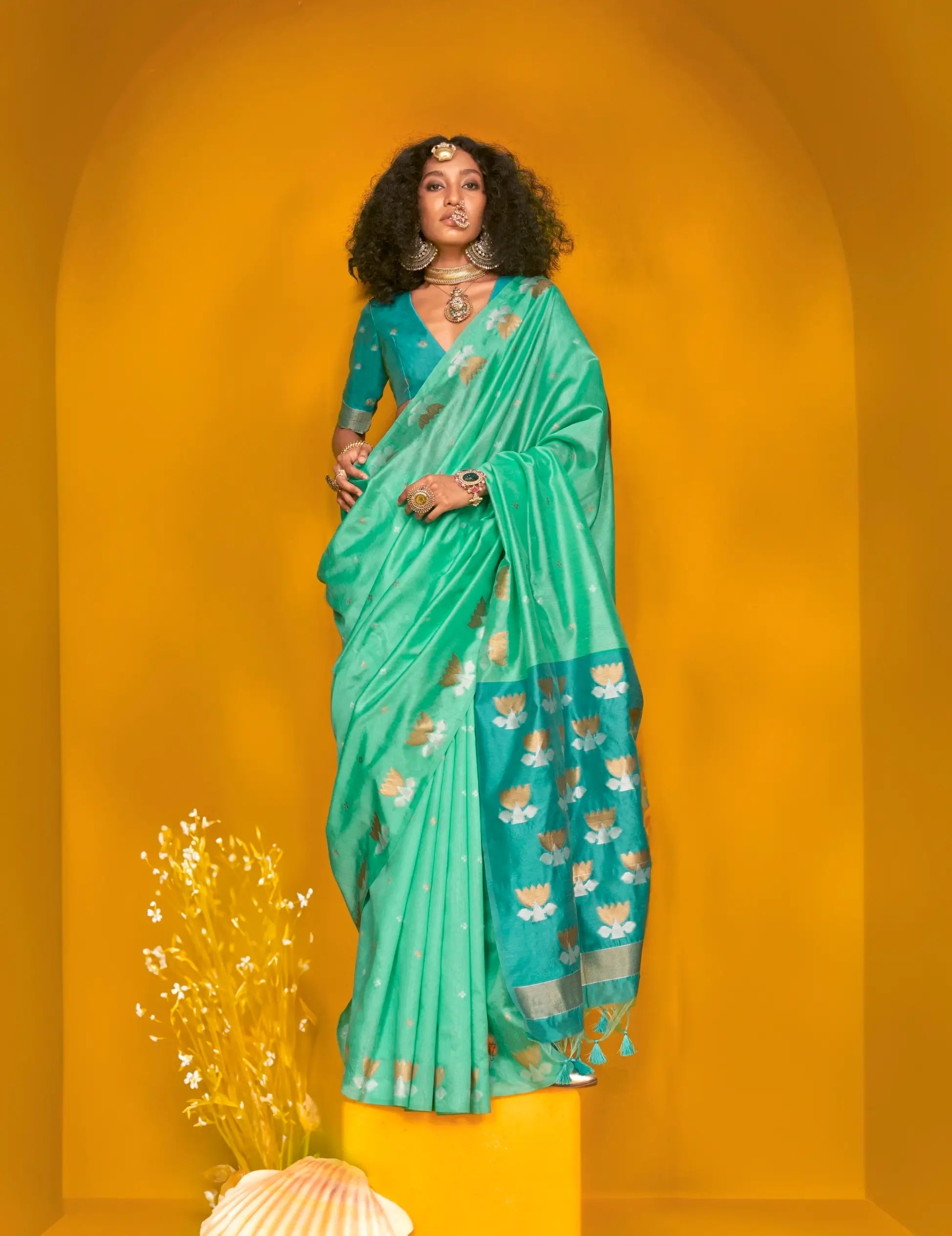 Aqua Blue Tussar Silk Zari Weaving Work Saree - qivii